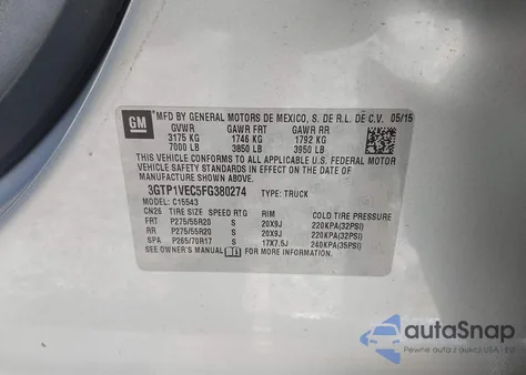 2015 GMC Sierra Slt z USA, uszkodzony, nr VIN 3GTP1VEC5FG38027